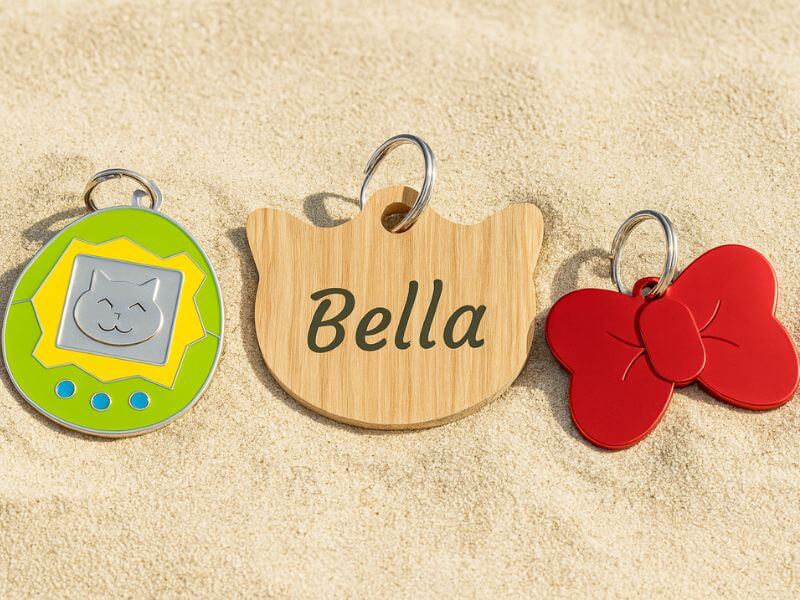 Tre stiliga kattbrickor i sanden: grön tamagotchi, trä med namnet 'Bella' och en röd rosett.